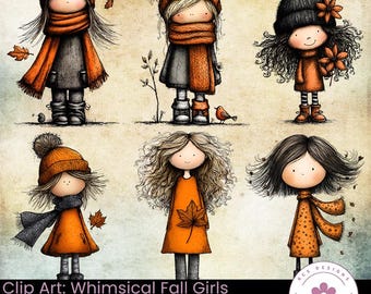 Whimsical Fall Girls Clip Art: Autumn PNGs for Junk Journals (Digital Download)