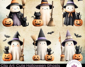Clip Art: Cute Halloween Ghosts, Spooky Cute, Scrapbook Embellishments, Junk Journal Clip Art, Halloween Ghost Clip Art