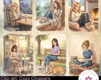 Cozy Chapters Clip Art, Watercolor Book Lover Illustrations (Digital Downloads)