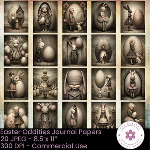 May include: A collection of 20 vintage-style Easter-themed journal papers. Each image features whimsical illustrations of figures with bunny ears, eggs, and other Easter motifs. The papers are 8.5 x 11 inches and suitable for commercial use.
