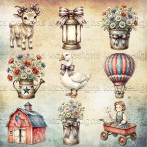 May include: A digital illustration sheet featuring nine patriotic elements: a baby goat with bows, a lantern with a striped bow, a flower bucket, a watering can with a star, a goose with a bow, a hot air balloon, a red barn, a flower pail, and a child in a wagon.