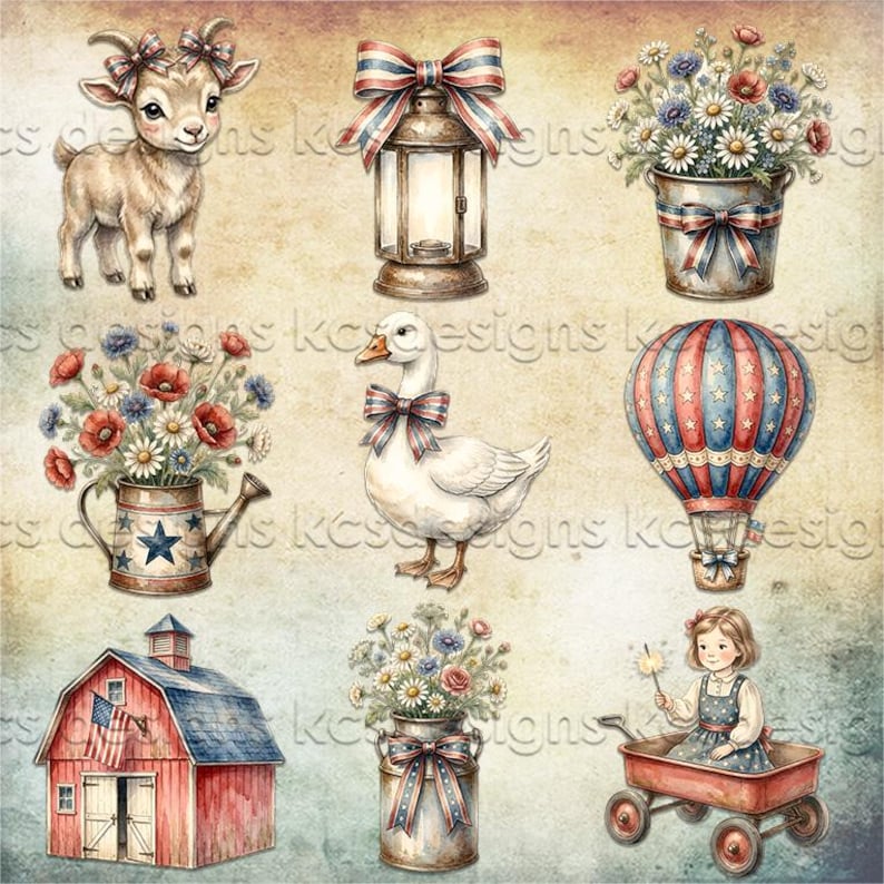 May include: A digital illustration sheet featuring nine patriotic elements: a baby goat with bows, a lantern with a striped bow, a flower bucket, a watering can with a star, a goose with a bow, a hot air balloon, a red barn, a flower pail, and a child in a wagon.