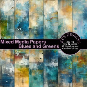 Gemengde media Papier: blauwe en groene tinten, junkpapier, plakboekpapier, kraftpapier, abstract papier, geverfd papier, gestructureerd papier