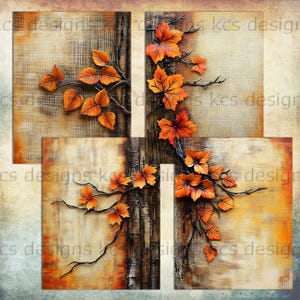 May include: A four-panel artwork featuring autumn leaves in shades of orange and brown. The leaves are attached to dark branches against a textured background. The artwork has a rustic, textured appearance.