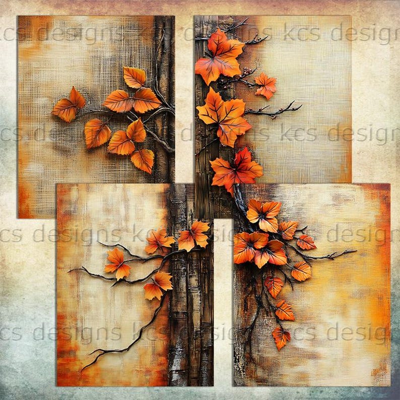 May include: A four-panel artwork featuring autumn leaves in shades of orange and brown. The leaves are attached to dark branches against a textured background. The artwork has a rustic, textured appearance.