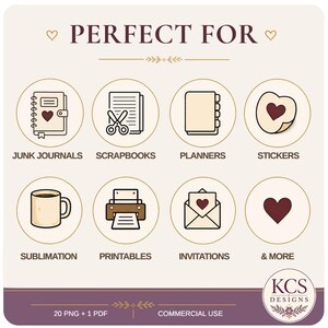 May include: A digital graphic featuring the text PERFECT FOR with eight circular icons representing junk journals, scrapbooks, planners, stickers, sublimation, printables, invitations, and more. Includes KCS DESIGNS logo, 20 PNG + 1 PDF text.