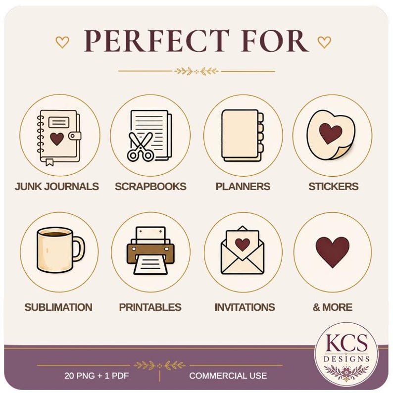 May include: A digital graphic featuring the text PERFECT FOR with eight circular icons representing junk journals, scrapbooks, planners, stickers, sublimation, printables, invitations, and more. Includes KCS DESIGNS logo, 20 PNG + 1 PDF text.
