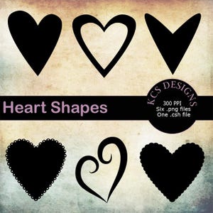 May include: Six black heart shapes in different styles. The text "Heart Shapes" is at the top of the image. The text "KCS Designs" is in a circle at the top right of the image. The text "300 PPI" is below the circle. The text "Six .png files" is below "300 PPI". The text "One .csh file" is below "Six .png files".