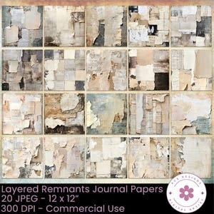 May include: A grid of 20 journal papers with a layered, distressed aesthetic. The papers feature torn edges, textured surfaces, and a palette of beige, cream, and brown tones. The text at the bottom reads "Layered Remnants Journal Papers 20 JPEG - 12 x 12" 300 DPI - Commercial Use."