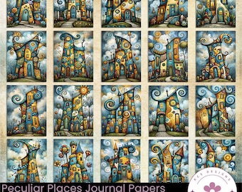 Peculiar Places Journal Papers, Colorful Storybook Houses, Mixed Media Backgrounds (Digital Download)