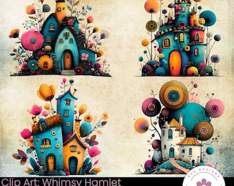 Whimsical Cottage Clip Art: Fantasy Hamlet Illustrations (Digital Download, 20 PNGs)