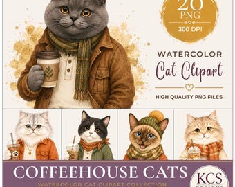 Coffeehouse Cats, Fall PNG, Cat PNG, Coffee Clip Art, Watercolor Felines