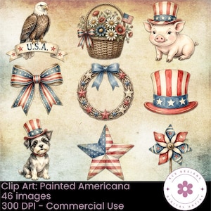May include: A collection of patriotic illustrations featuring a bald eagle with a U.S.A. banner, a flower basket, a pig in a top hat, a striped bow, a star-adorned wreath, a top hat, a dog in a top hat, a star, and a pinwheel on a textured background.