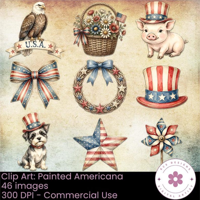 May include: A collection of patriotic illustrations featuring a bald eagle with a U.S.A. banner, a flower basket, a pig in a top hat, a striped bow, a star-adorned wreath, a top hat, a dog in a top hat, a star, and a pinwheel on a textured background.