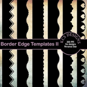 Może przedstawiać: Sześć czarno-białych szablonów krawędzi z różnymi wzorami. Wzory obejmują zygzaki, muszle i serca. Tekst "Border Edge Templates II" i "KCS Designs" jest widoczny na obrazku. Tekst "300 PPI Six designs Personal Use" jest również widoczny.