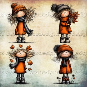 Puede incluir: Cuatro ilustraciones caprichosas de personajes de dibujos animados con atuendos oto&ntilde;ales. Cada figura lleva un abrigo naranja, una bufanda y un sombrero. Una figura sostiene un ramo de hojas, y otra tiene hojas cayendo a su alrededor. El fondo tiene un aspecto vintage.