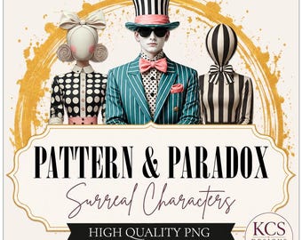 Pattern & Paradox | Surreal Portraits | Whimsical Fashion Clip Art | Junk Journal PNG (Digital Download)