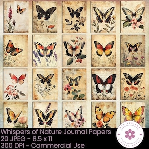 Papiers pour journaux Whisper of Nature, Papier numérique, Papier vieilli, Papier botanique vintage, Papier papillon, Papier pour collage, Papier de scrapbooking