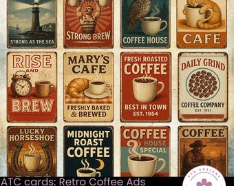ATC Karten: Retro Kaffee Werbung, Vintage Blechschild Ephemera (Digitaler Download)