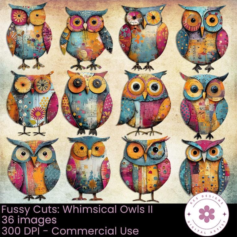Whimsical Owls II Fussy Cuts: Junk Journal Ephemera (Digital Download)