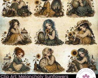 Clip Art: Melancholy Sunflowers, Surreal Storybook Girls (Digital Download)