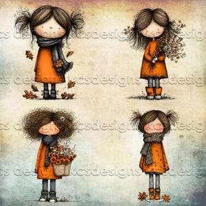 Puede incluir: Cuatro ilustraciones de chicas de dibujos animados con vestidos, bufandas y botas naranjas, con hojas de oto&ntilde;o y flores. Las chicas tienen el pelo casta&ntilde;o y est&aacute;n en varias poses, sosteniendo ramos y cestas. El fondo es de estilo vintage.