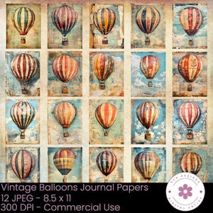 Könnte beinhalten: Eine Sammlung von Vintage-Illustrationen von Heißluftballons in verschiedenen Farben, darunter Rot, Orange und Blau. Jeder Ballon ist vor einem strukturierten Hintergrund platziert. Der Text "Vintage Balloons Journal Papers" und die Größe "8,5 x 11" sind sichtbar.