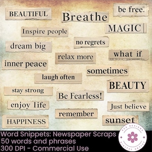 Peut inclure: Une collection de coupures de journaux avec des mots et des phrases comme "BEAUTIFUL", "Breathe", "dream big" et "Be Fearless!". Les mots sont imprimés en police serif classique sur du papier vieilli. L'image comprend le texte "Word Snippets: Newspaper Scraps".