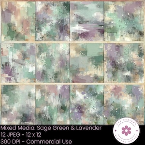 Mixed Media Papier Saliegroen en Lavendel, Junk Journal Paper, Plakboekpapier, Ambachtelijk papier, Abstract papier, Geschilderd papier, Getextureerd papier