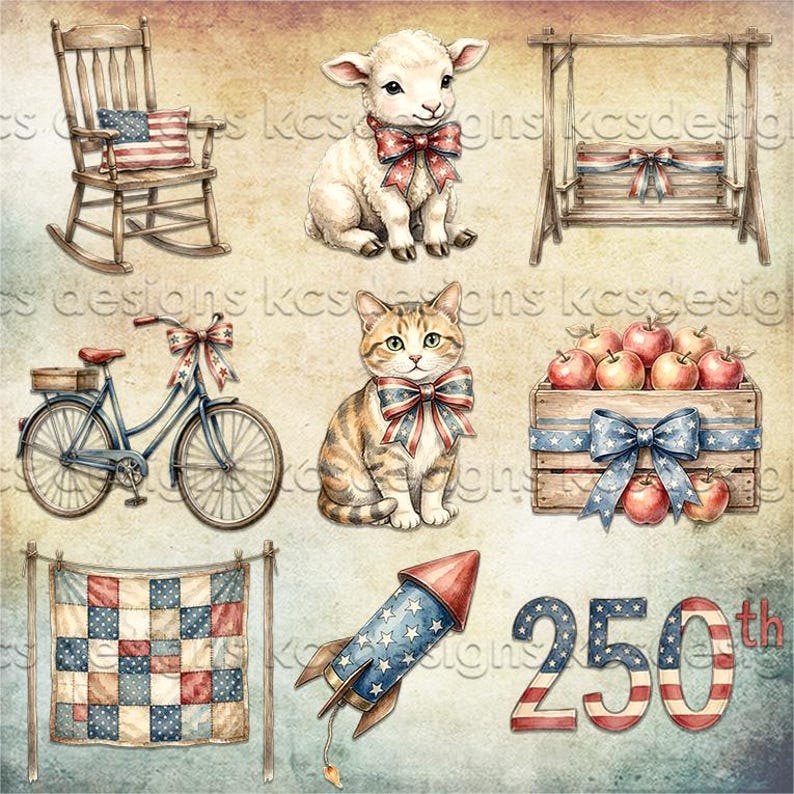 May include: A digital illustration set featuring a wooden rocking chair with a flag pillow, a lamb with a flag bow, a porch swing, a blue bicycle with a flag bow, a tabby cat with a flag bow, a crate of apples, a quilt, a firework, and the number 250.