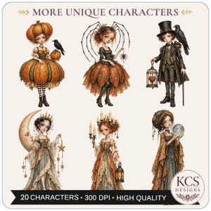 May include: Six digital illustrations of fantasy characters labeled MORE UNIQUE CHARACTERS. The figures include a pumpkin-themed character, a spider-themed character, a top-hatted figure with a bird, a moon-crowned figure, a candle-bearing figure, and a crystal ball holder. KCS DESIGNS 20 CHARACTERS 300 DPI HIGH QUALITY.