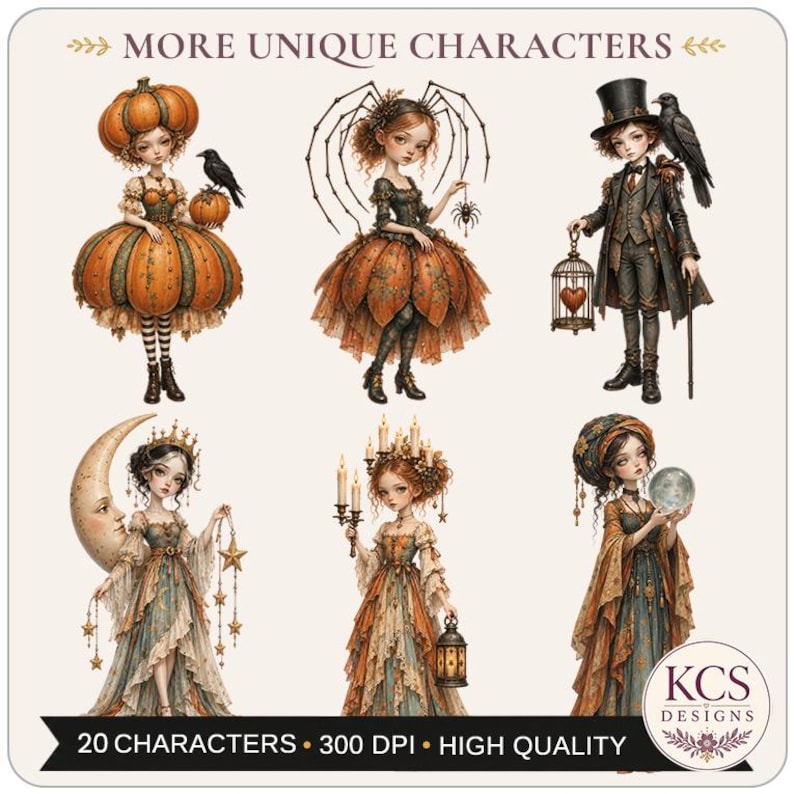 May include: Six digital illustrations of fantasy characters labeled MORE UNIQUE CHARACTERS. The figures include a pumpkin-themed character, a spider-themed character, a top-hatted figure with a bird, a moon-crowned figure, a candle-bearing figure, and a crystal ball holder. KCS DESIGNS 20 CHARACTERS 300 DPI HIGH QUALITY.