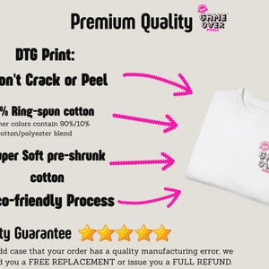 The image is a promotional graphic for a gaming apparel company, Game Over Pixels. It features a white t-shirt with the company's logo and text, along with arrows pointing to the quality guarantee and the guarantee of a free replacement or full refund in case of a manufacturing error.