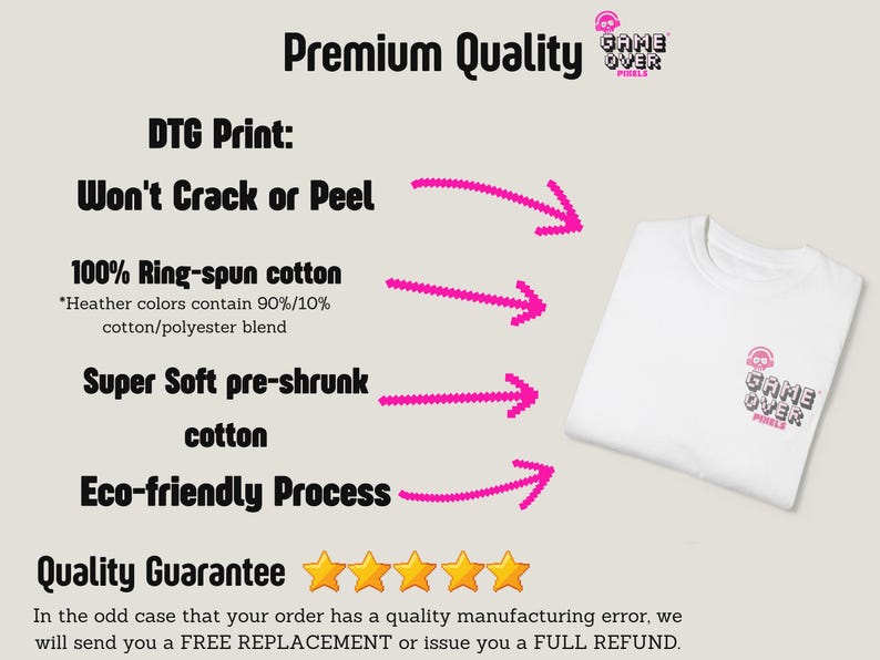 The image is a promotional graphic for a gaming apparel company, Game Over Pixels. It features a white t-shirt with the company's logo and text, along with arrows pointing to the quality guarantee and the guarantee of a free replacement or full refund in case of a manufacturing error.