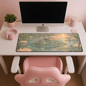 May include: A rectangular desk mat featuring a printed illustration of a small green dragon sleeping on a lily pad in a pond with pink water lilies and soft golden light. The mat is placed on a white desk in front of a computer monitor.