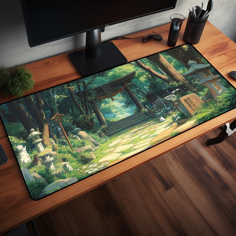 a computer desk with a mouse and keyboard on it