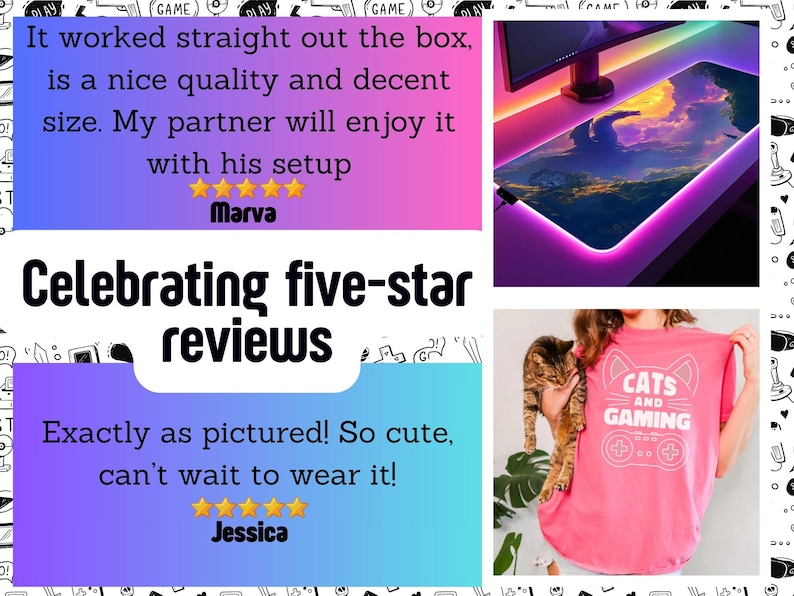 The image is a collage of three photos: a pink mouse pad with a colorful design, a person wearing a pink t-shirt with a cat and gaming-related text, and a person holding a cat.