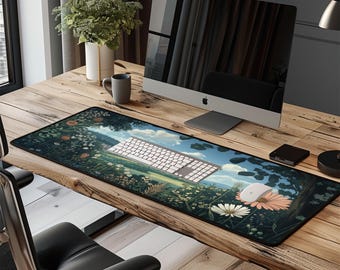 Cute Green Anime Desk Mat Floral, Cottagecore, Lofi Cozy Aesthetic for Gaming Office Perfect Gift