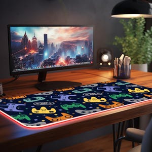 LED Gaming Mouse Pad Game Controller Design, Non-Slip Base, Perfect for Gamers, Office Setup, Large Desk Mat, RGB Lighting