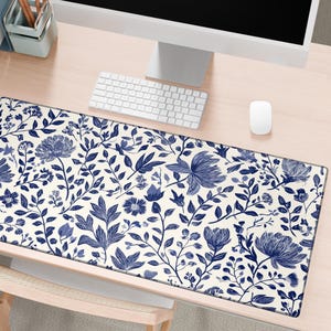 Navy Blue Floral XXL Mouse Pad Aesthetic Desk Mat for Cozy Gaming Setup Home Office Decor Cute Gift for Her Gamer Girl Workspace