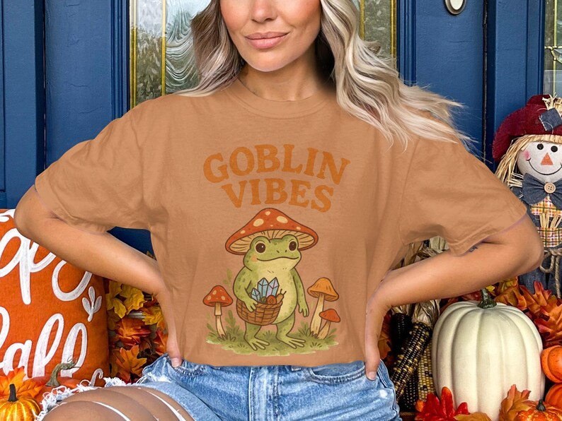 Goblin vibes graphic tee, cute frog with mushrooms shirt, fall themed t-shirt, cozy autumn apparel, unique seasonal gift