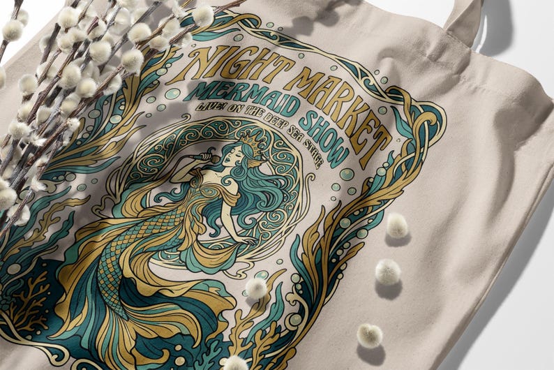 Night Market Mermaid Show tote bag with teal and gold artwork.