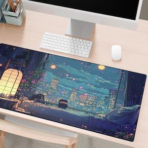 Cute Green Anime Desk Mat Aesthetic Floral Cozy Cottagecore Kawaii XL Mouse Pad for Trendy Gaming Setup