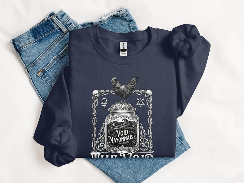 Vintage Gothic Chicken Print Shirt, Funny Void Mayonnaise Tee, Occult Symbol Graphic Pullover, Unisex Casual Long Sleeve Top