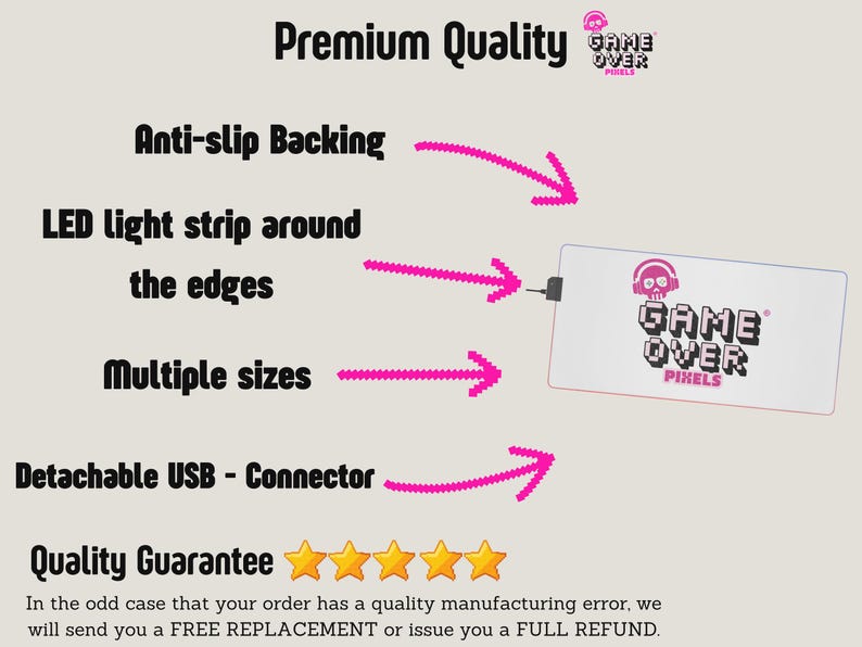 a white card with pink lettering and five stars