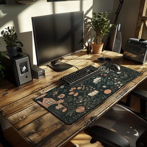 Op de afbeelding: Een houten bureau met een muismat met bloemenpatroon, een toetsenbord, een computerscherm en een zwarte luidspreker. Het bureau is ook versierd met een plant in een pot en een bril.