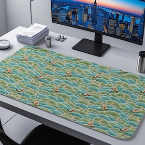Green Desk Mat Japanese Wave Desk Mat XL – Nature Inspired Gaming Mouse Pad, Cute Office & Cottagecore Workspace Decor