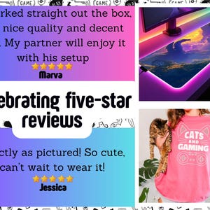 The image is a collage of three photos: a pink mouse pad with a colorful design, a person wearing a pink t-shirt with a cat and gaming-related text, and a person holding a cat.