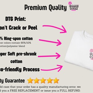 The image is a promotional graphic for a gaming apparel company, Game Over Pixels. It features a white t-shirt with the company's logo and text, along with arrows pointing to the quality guarantee and the guarantee of a free replacement or full refund in case of a manufacturing error.