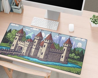 Castlecore Desk Mat Large Gaming Mouse Pad with Pixel Art Castle Design Aesthetic Non-Slip Base for Gamers & Cozy Workspace Decor